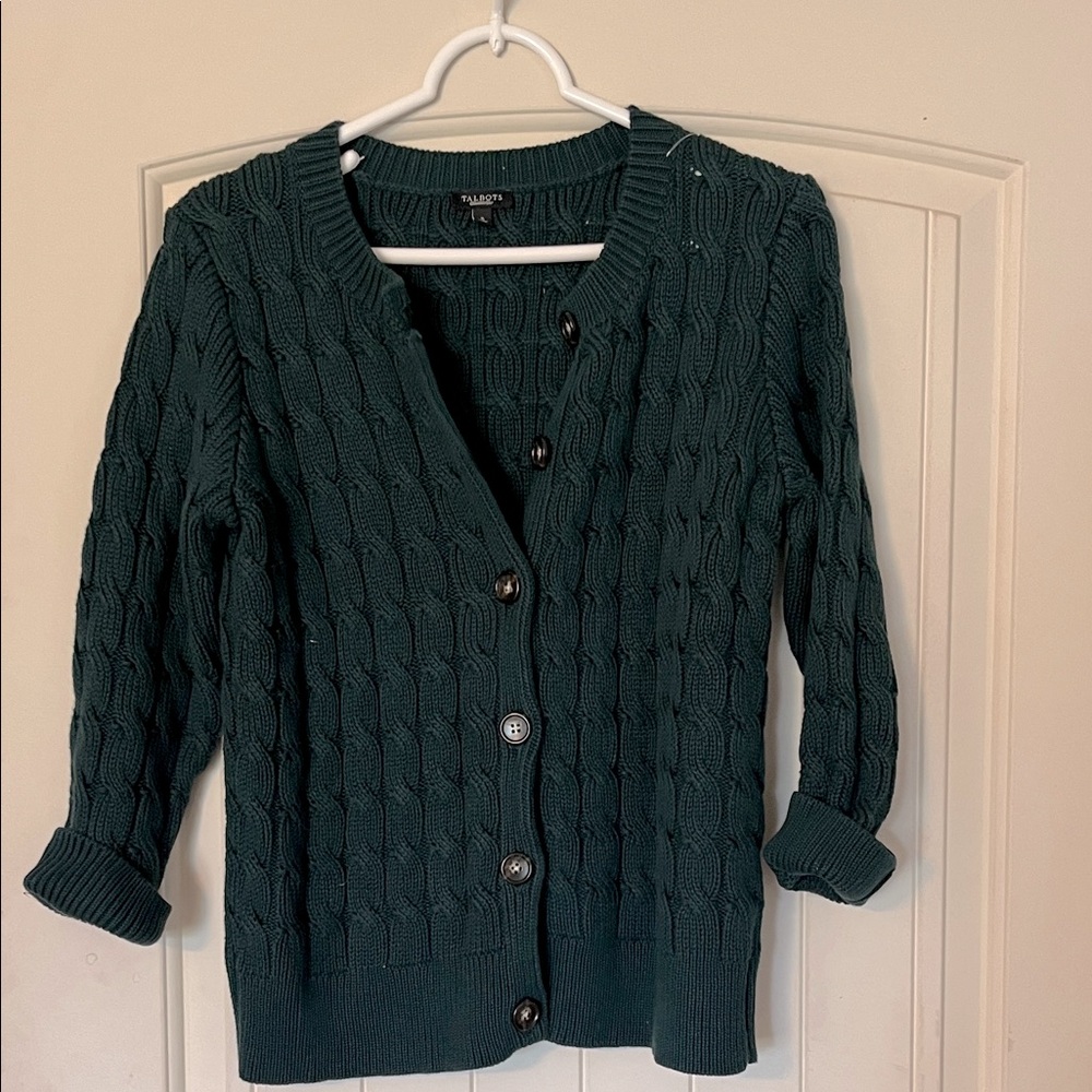 Talbots Dark Green Cable Knit Cardigan